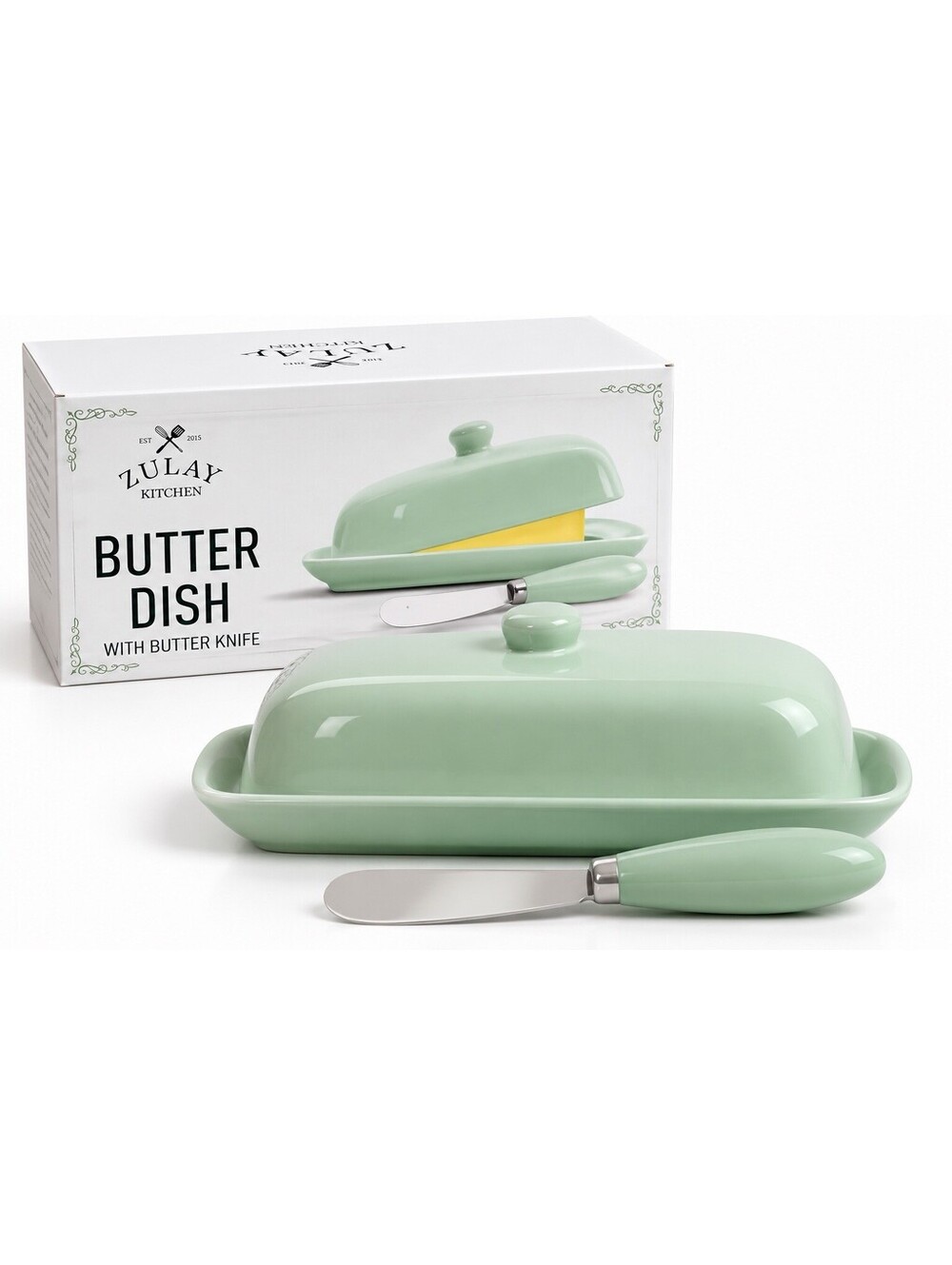 Zulay Kitchen Mint Butter Dish w/ Lid and Knife Ceramic Butter Keeper Container